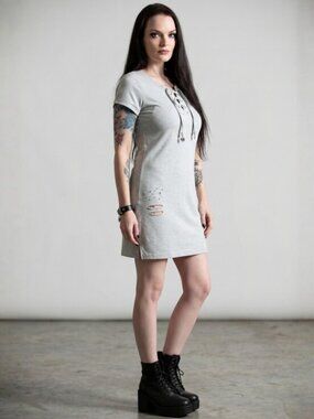 Almost Famous ✦ Grey Sweatshirt Dress ✦ Lace-Up Neckline Distressed Details L